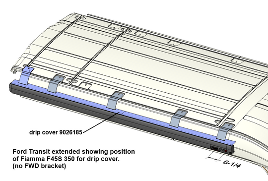 Technical diagram of a Ford Transit extended with Fiamma F45S 350 drip cover showing position.
