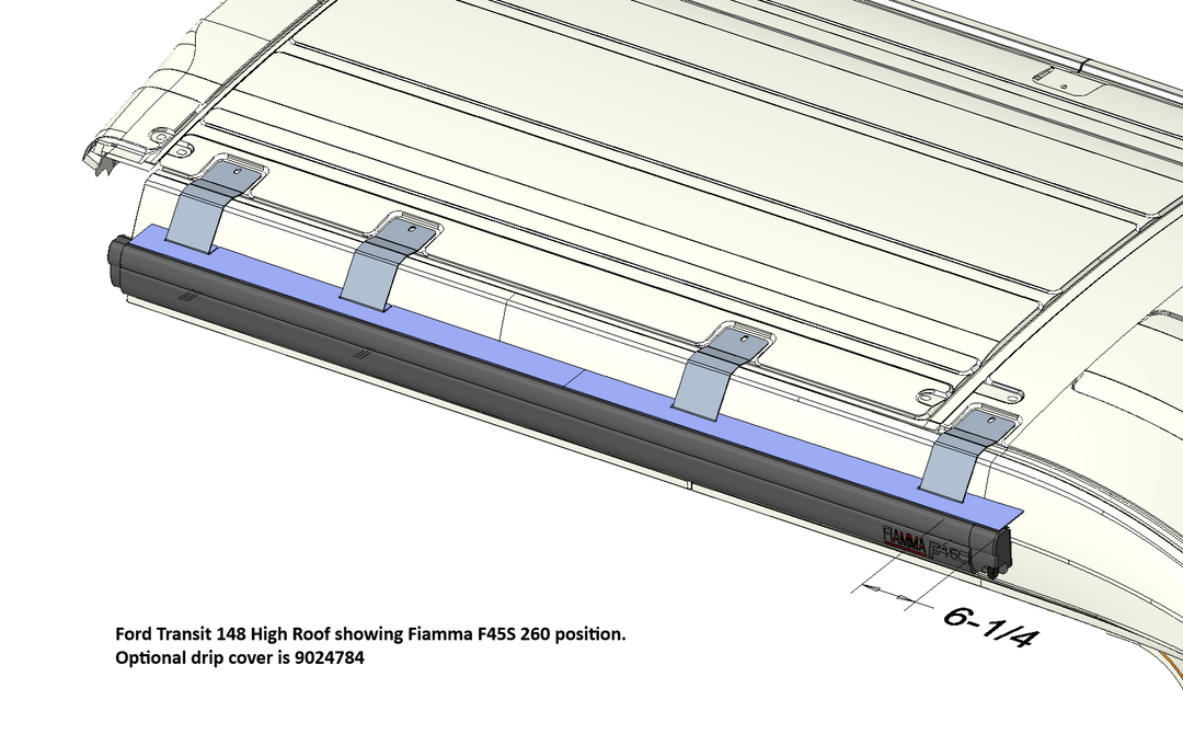 Technical drawing of a van roof with a Fiamma F45S 260 position and optional drip cover.