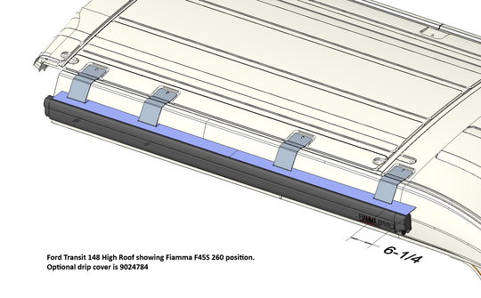 Technical drawing of a van roof with a Fiamma F45S 260 position and optional drip cover.