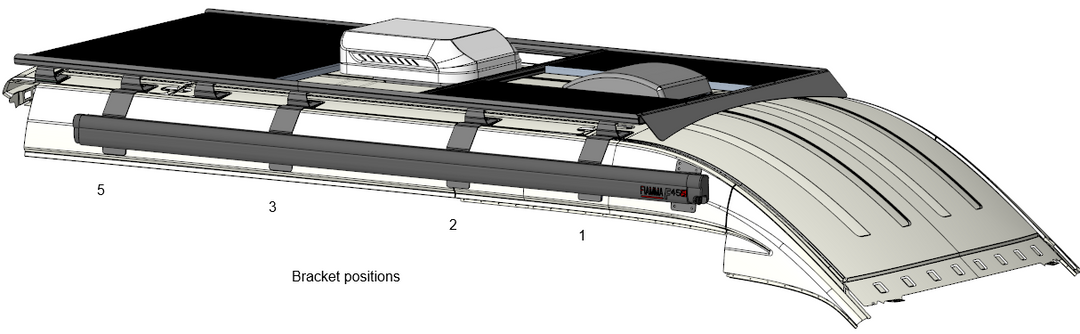 Diagram of a roof rack system with bracket positions labeled