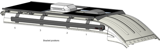 Diagram of a roof rack system with bracket positions labeled