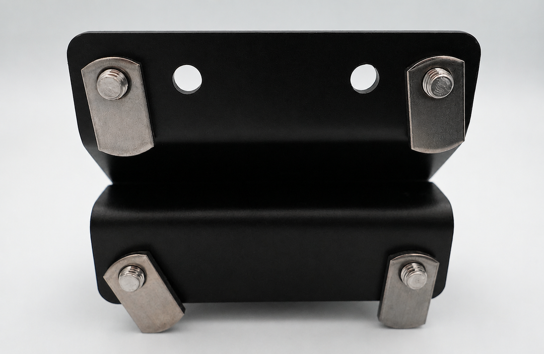 A pair of black metal mounting brackets with silver bolts and washers, shown on a light gray background.