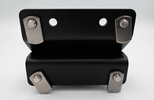 A pair of black metal mounting brackets with silver bolts and washers, shown on a light gray background.
