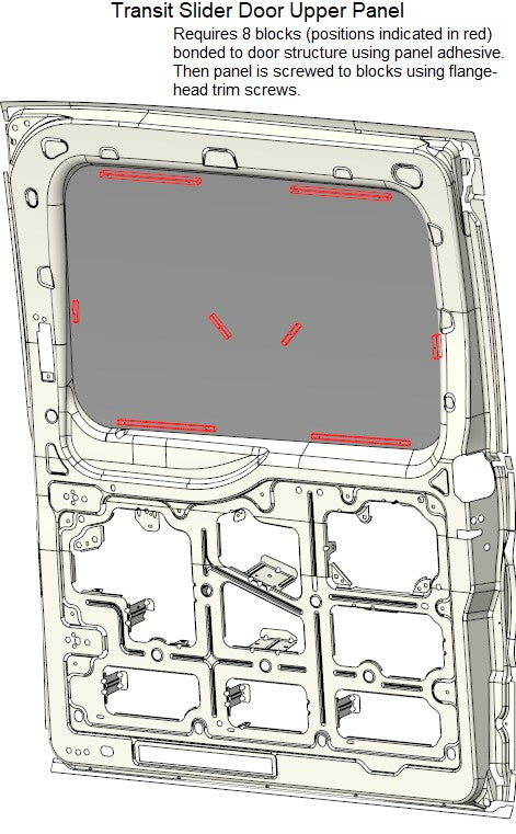 Technical diagram of a Transit Slider Door Upper Panel with adhesive and screwing instructions.