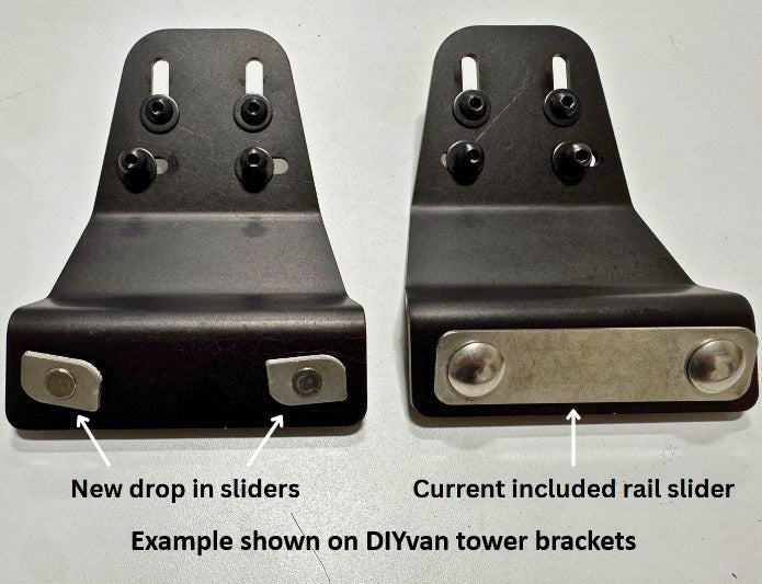 Set of roof rail drop in sliders with studs for Sprinter vans with OEM rail
