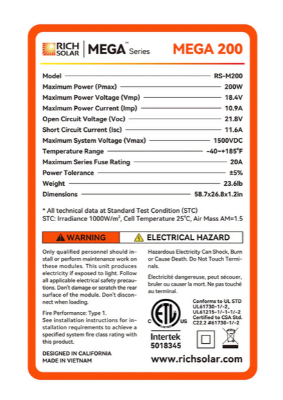 Rich Solar MEGA 200, 200 Watt Solar Panel, Premier 12V Off-Grid Solar Panel for Vans and RVs