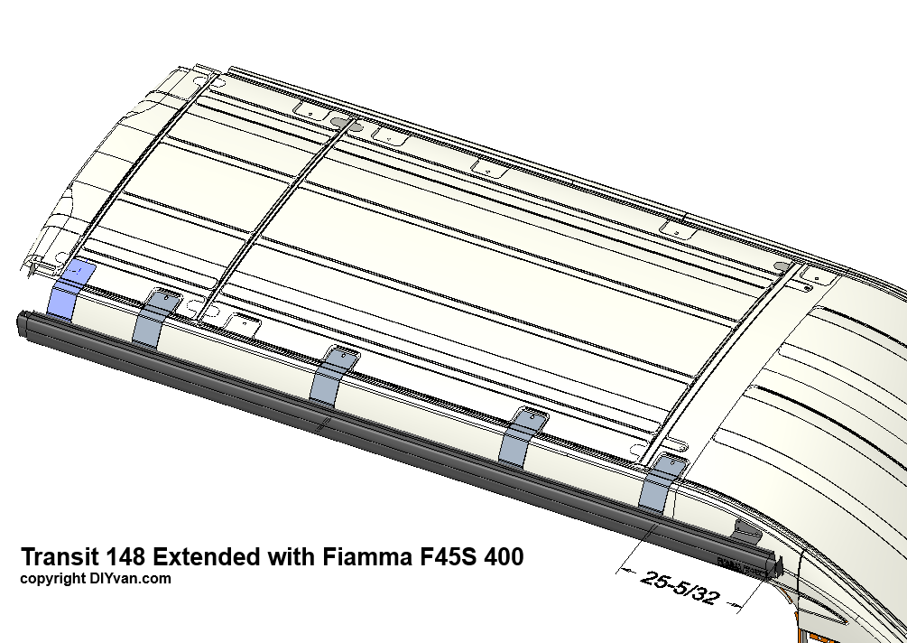 Diagram of a vehicle roof rack system with Fiamma F45S 400 awning attachment.