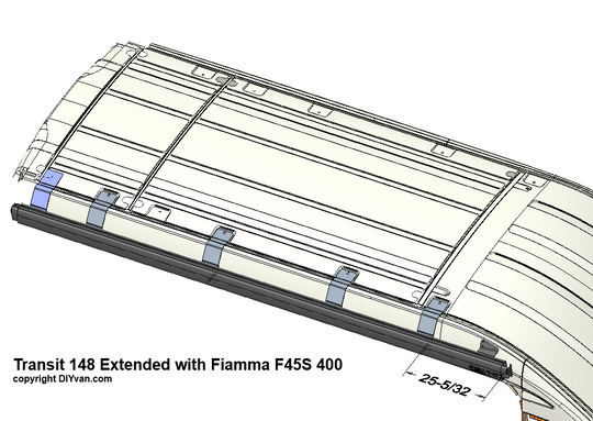 Diagram of a vehicle roof rack system with Fiamma F45S 400 awning attachment.